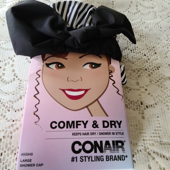CONAIR SHOWER CAP WITH BOW -BLACK /WHITE STRIPED RUBBER UNISEX ONE SIZE - Picture 5 of 6